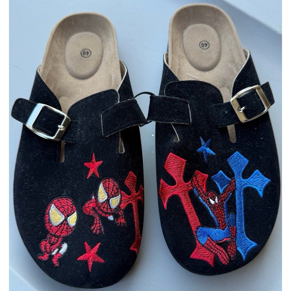 Custom Spider-Man embroidered black suede Slip on clog Potato Shoes size 40
